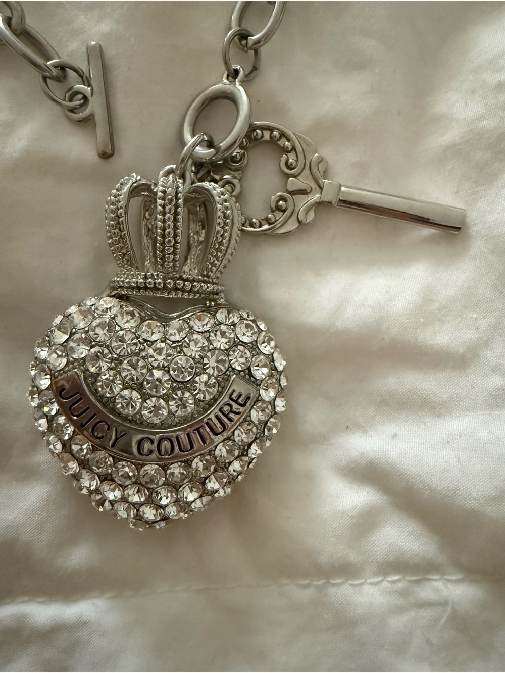 Vintage Juicy Couture Silver Crystal Crown Heart Necklace